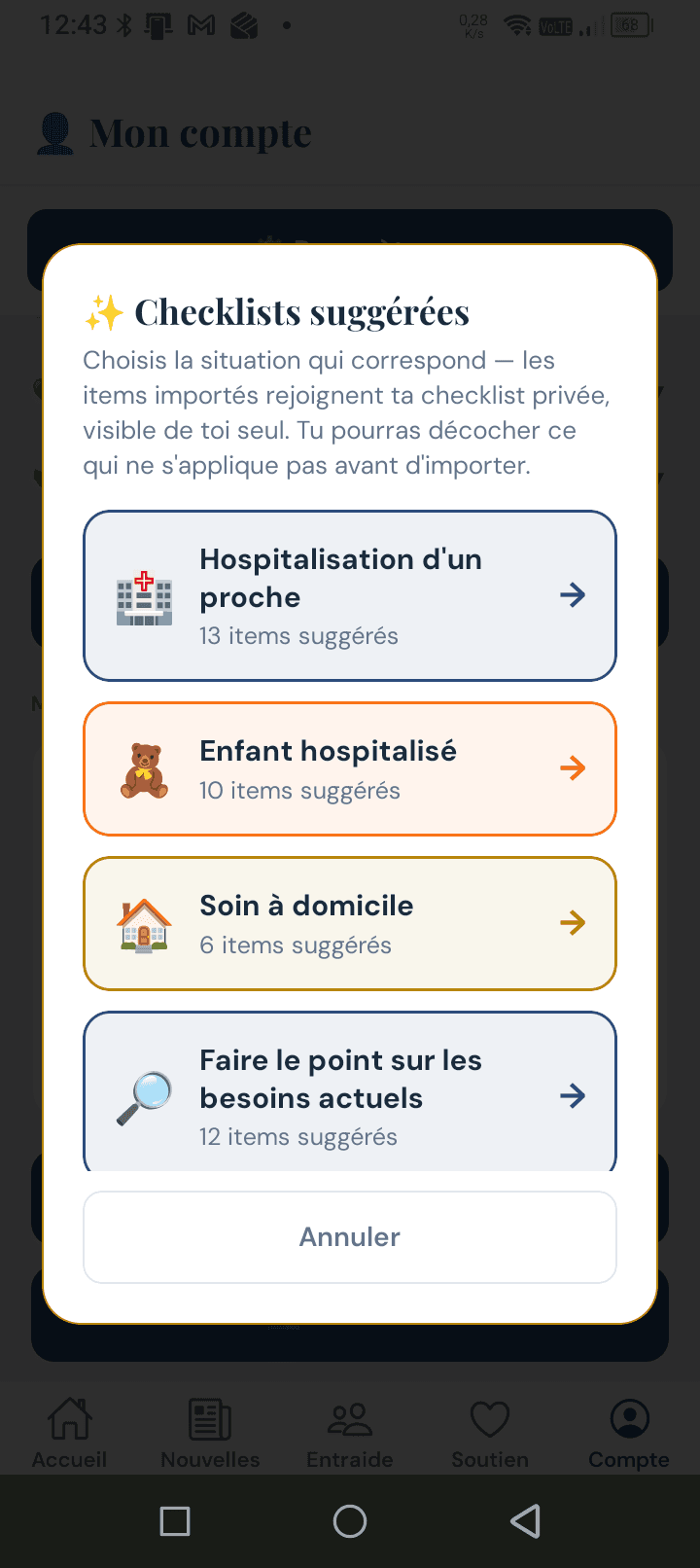 Écran Checklists suggérées d'AvecToi