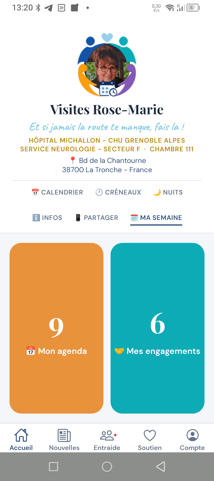 Écran Ma semaine d'AvecToi avec le nombre de visites à venir et d'engagements en cours