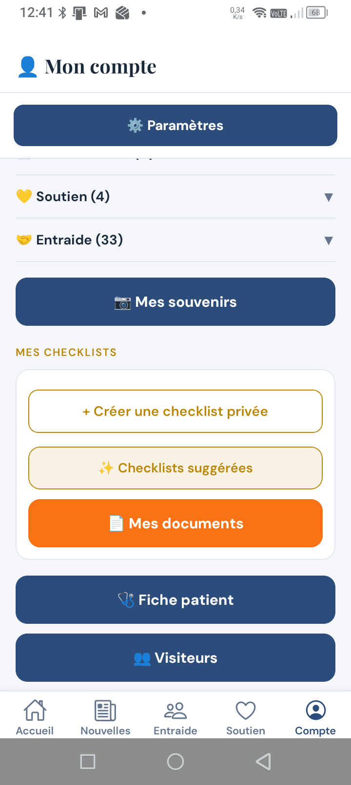 Écran Mon Compte d'AvecToi listant les checklists personnelles