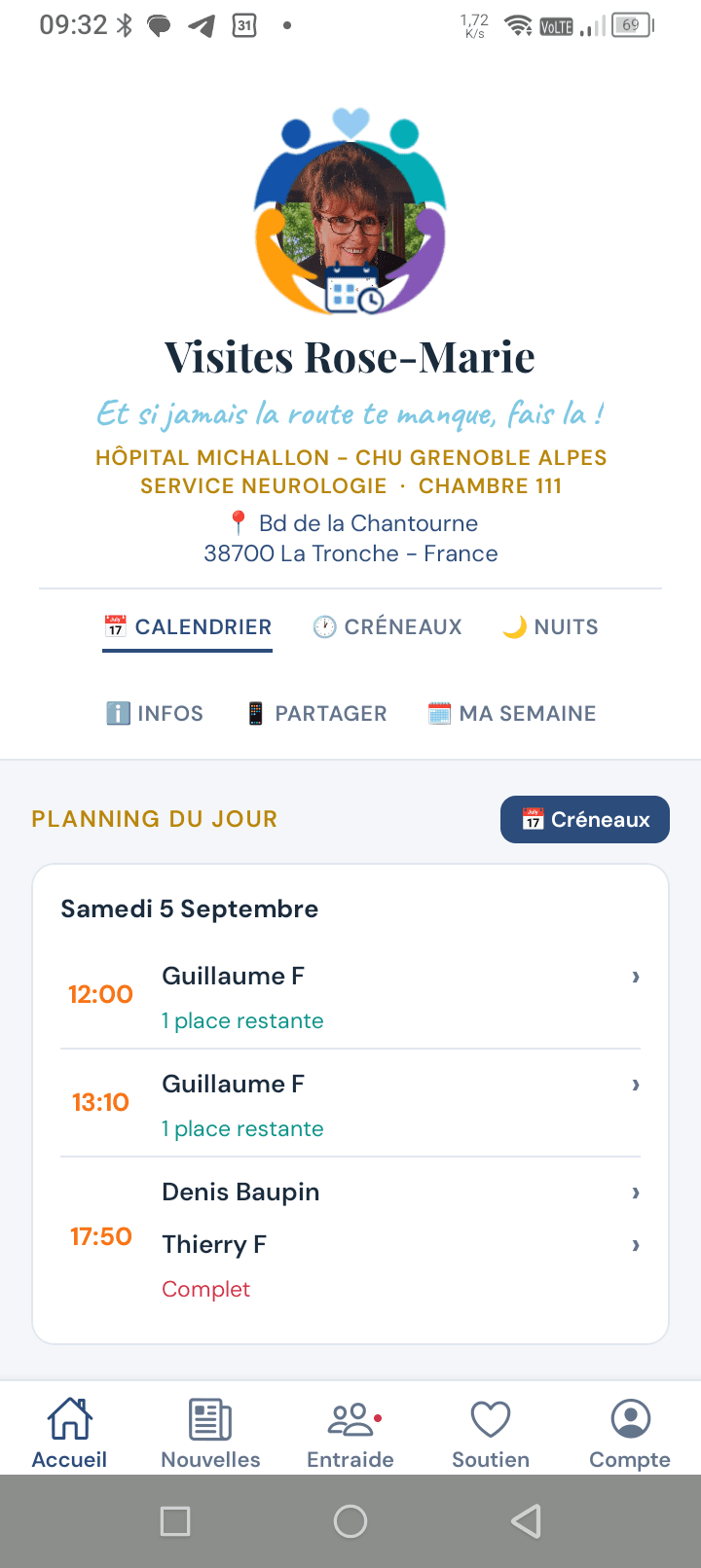 Écran Accueil d'AvecToi montrant le planning du jour des visites