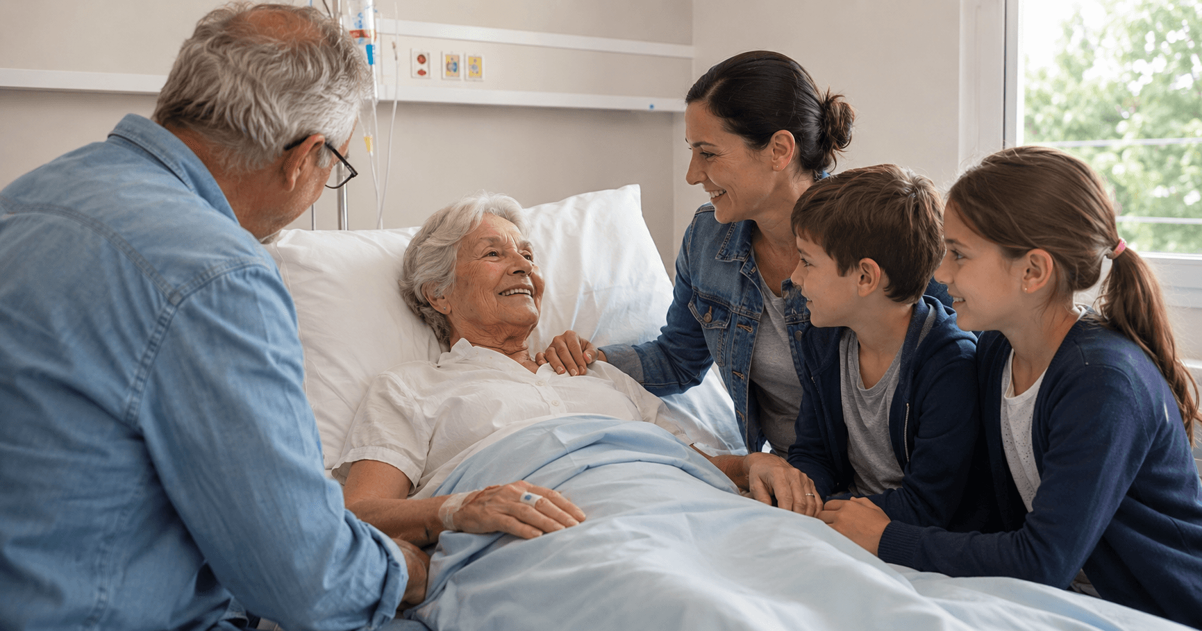 Une famille sur plusieurs générations réunie et souriante autour du lit d'une proche hospitalisée